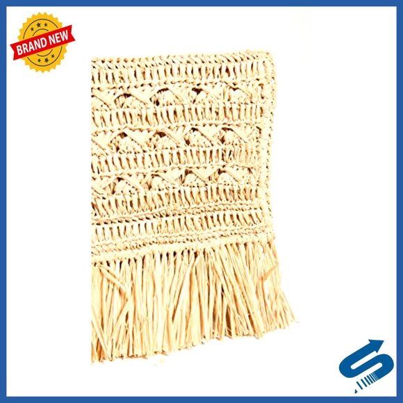Raffia Straw Clutch with Fringe Trim, Fold-Over Flap, Cotton Lining